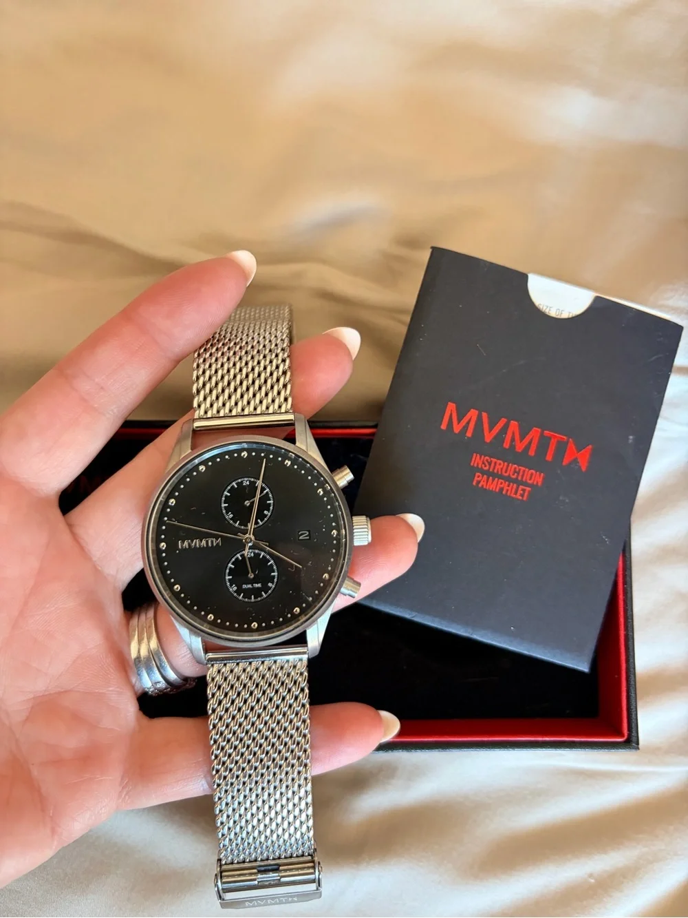 MVMT Silver Mesh Watch with Black Dial and Chronograph